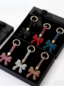 New Ceramic Keychain with Personalized Bow, Rhinestone Charm, Multicolor Luxury Casual Accessory, Unisex Backpack Car Keys Bag Pendant Valentine's Day,lovers