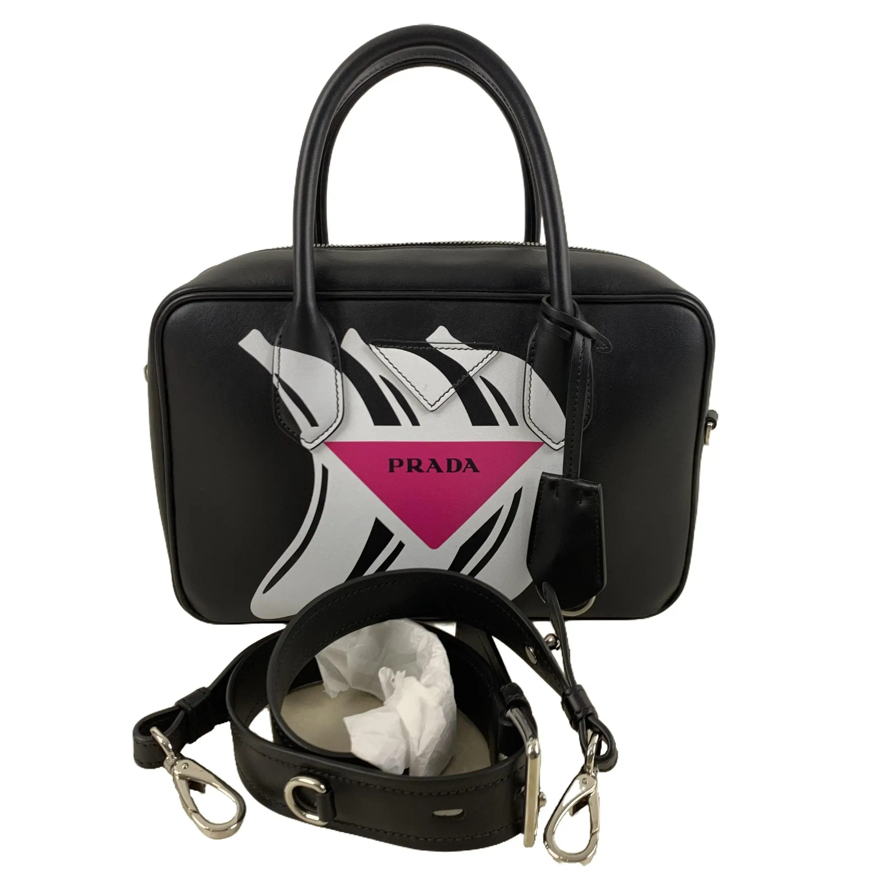 Pre-owned PRADA Runway Printed Full Leather Handbag Crossbody Bag with Strap & Dust Bag, 27 × 18 × 10 cm, Very Good Condition (95% New), TKB00000141