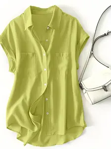 1 Piece Women's Summer Green Button Down Blouse, Casual Office Loose Short Sleeve Top Shirts, Minimalist Womenswear