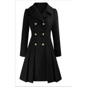 Women's Double-Breasted A-Line Pea Coat with Thickened Pockets Lining Elegant Retro 280 Regular Sleeve Fashion thick fleece lining plus  size  holiday