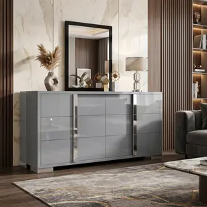 Glossy 6-Drawer Dresser With Silver Grooved Handles, Modern Storage Chest With Wide Tabletop, For Bedroom, Dressing Room & Living Room