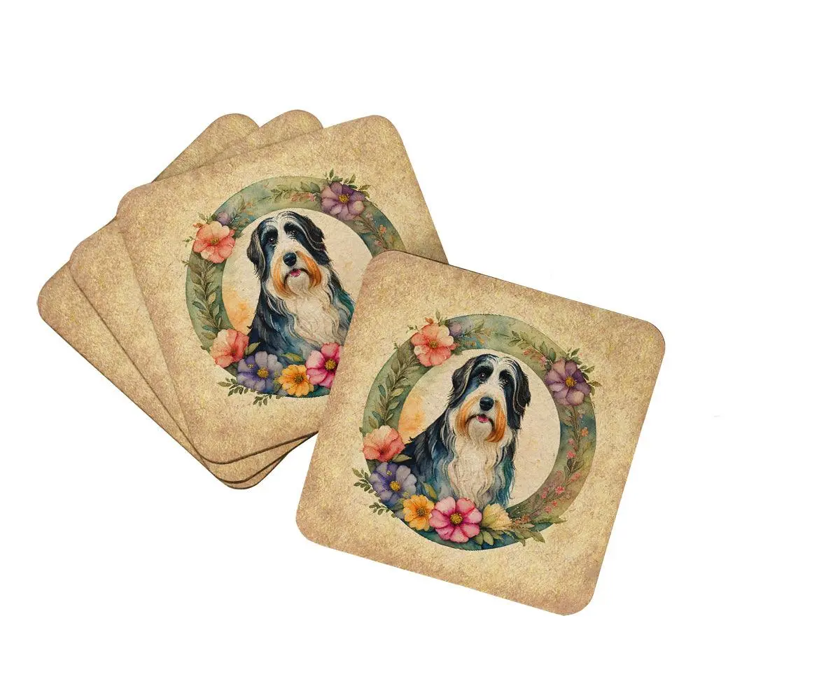 Bearded Collie and Flowers Foam Coasters, Kitchen Tableware Placemats & Coasters Set