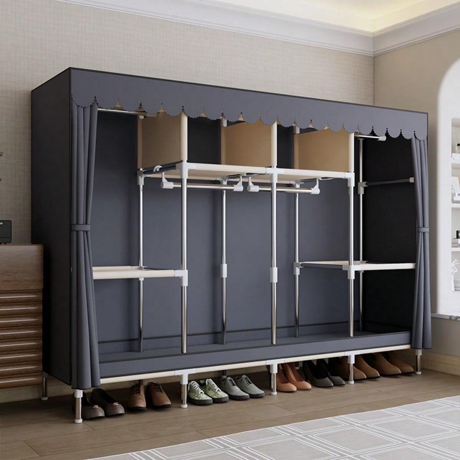 Large 78.74in Portable Closet, Dark Gray Peached Fabric Wardrobe with Curtain Doors & 16mm Steel Pipe, Sturdy Multi-Compartment Clothing Organizer for Bedroom & Dorm
