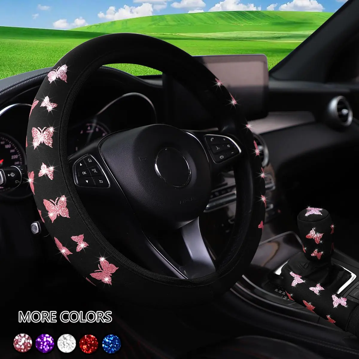Car Interior Decoration Kit, Butterfly Pattern Steering Wheel Cover Set & Gear Handle Cover & Handbrake Cover, Car Interior Decoration Accessories, Car Steering Wheel Insert Accessories, Automotive, Pink