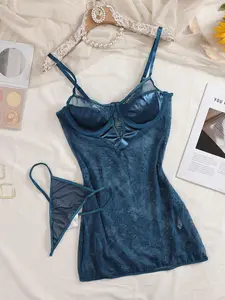 Luxurious Blue Lace 2-Piece Lingerie Set, Satin Slim Fit Strapless Nightgown with Bra Cups, Matching Thong, Elegant Sleepwear for Women