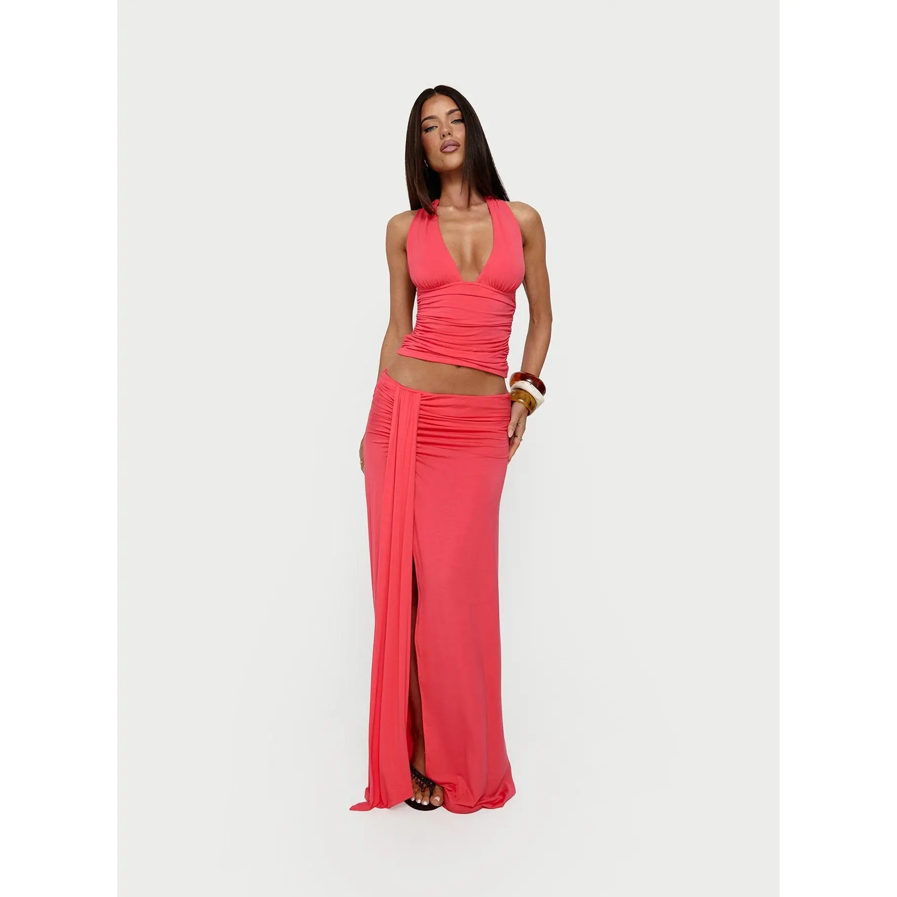 Keerah Ruched Maxi Skirt Guava