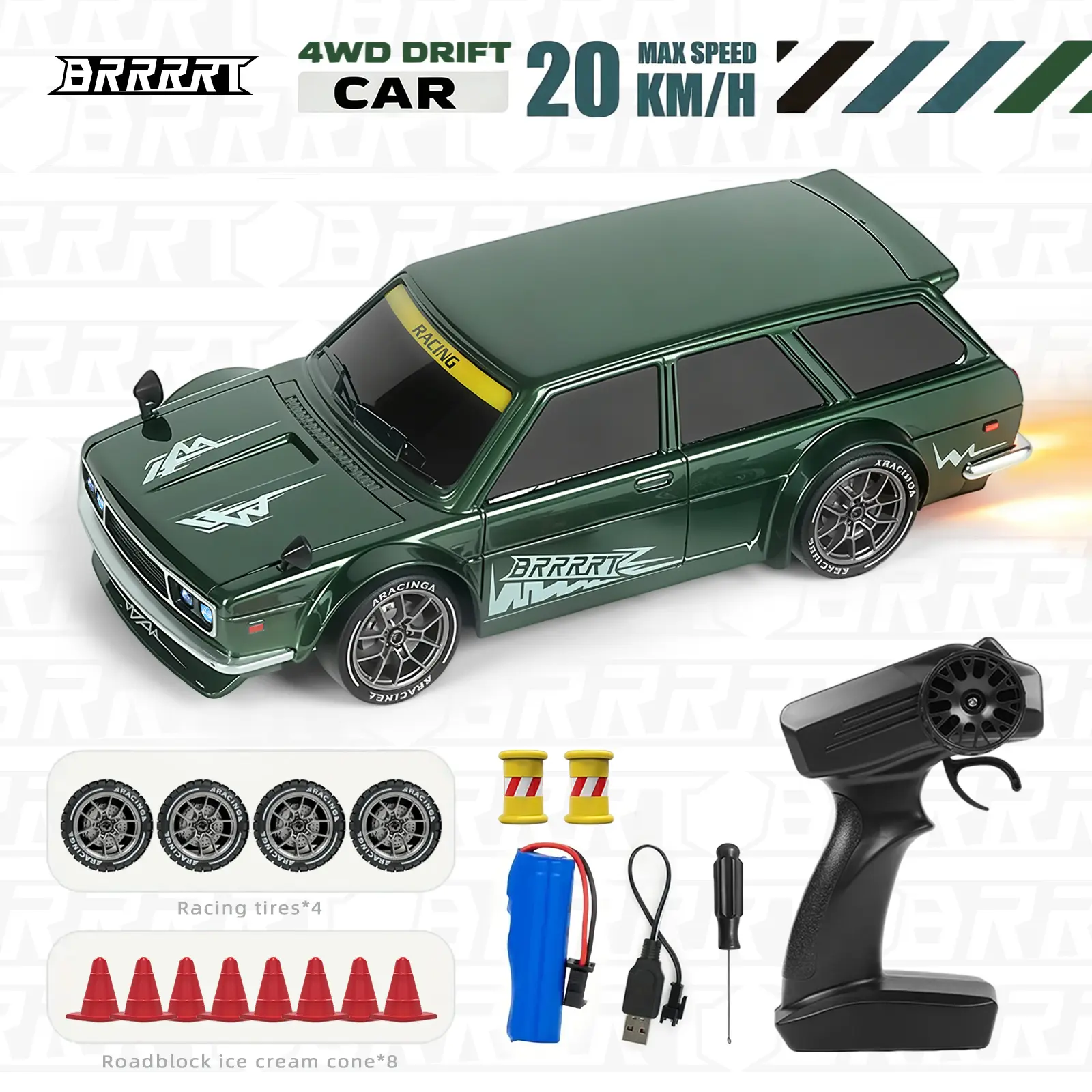 BRRRRT 1:24 Remote Control Drift Racing Car, 20KM/H 4WD High-Speed RC Car with Shockproof PVC Elastic Body, LED Lights, Backfire Simulation Effect – Ideal Fun Birthday, Easter & Christmas Gift for Kids Boys & Girls