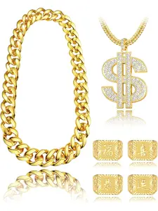 80s 90s Accessories Outfit for Men Women Hip Hop Costumes Outfit Fake Gold Chains Dollar Sign Necklaces and Kanji Blessing Lucky Rings Set 80s 90s Party Jewelry