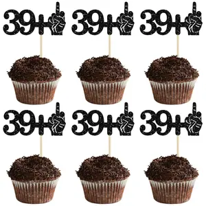 24Pcs 39+1/49+1 Cupcake Toppers Funny 50th Birthday Cupcake Picks Glitter Black Middle Finger Cake Toppers 40/50 Cupcake Decoration for Happy 40th/50th Birthday Party Anniversary Decorations