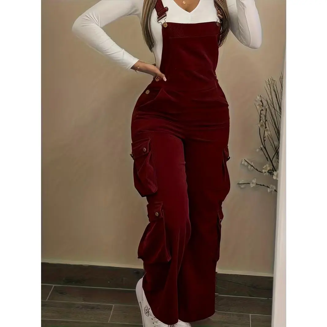 Women's Vintage Corduroy Overalls Jumpsuit, Straight-Leg Cargo Trousers with Multiple Pockets for Casual Wear, Trouser, Lady, Full Length, Multi Pockets Keep You Ready, Basic, Retro Cargo Vibe With Modern Polish, Corduroy Texture Adds Charm
