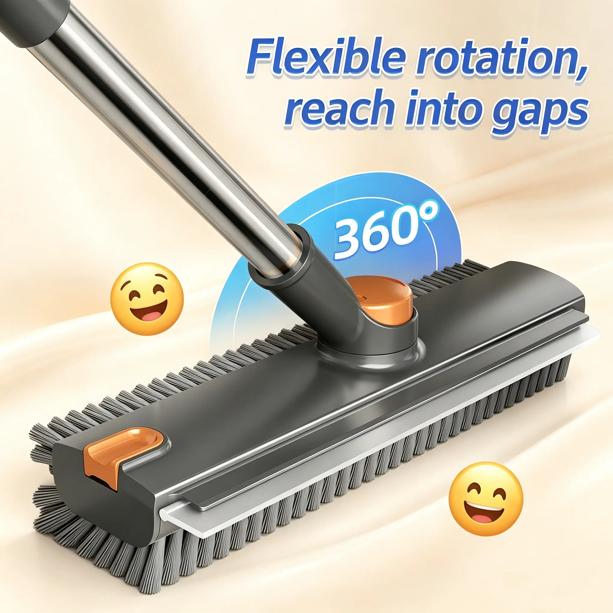 3-in-1 Floor Scrub Brush with Squeegee, 180° Rotating Head and Long Handle, Stiff Bristle Grout Cleaner for Bathroom, Shower, Tub, Tile, Kitchen, Patio and Garage Floors, Heavy Duty Cleaning Brush