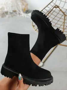 Knit Mid-Calf Boots, Elastic Textile Upper, Rubber Sole, Plain Pattern, Fall & Winter Fashion, Casual Style, Winter Warm Boots