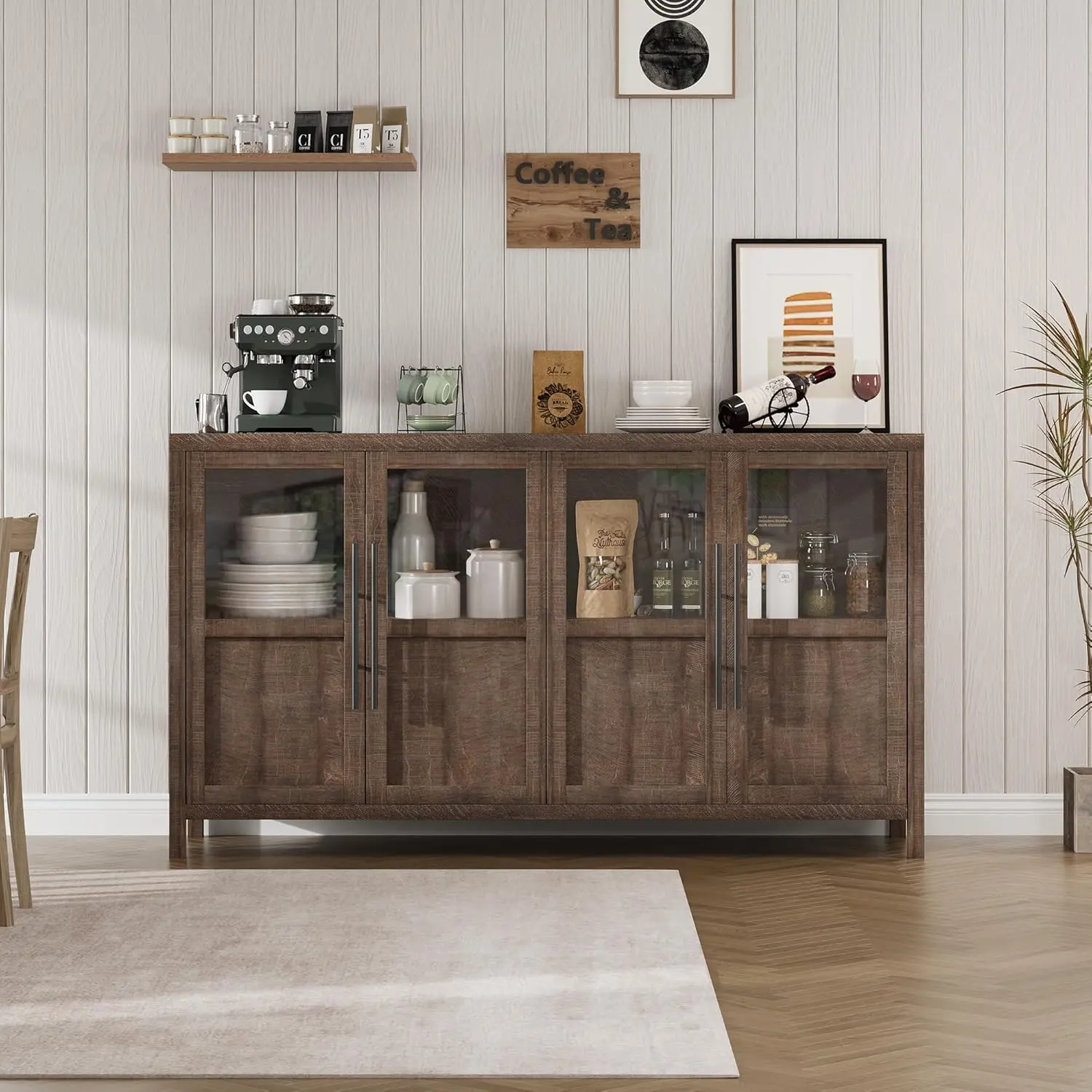 Brown Sturdy Engineered Wood Sideboard Cabinet - Narrow, Waterproof Surface, Stable Base, 4 Glass Doors & Sliding Door, 55.11x15.75x33.86in Buffet Table, Compartmentalized Corner Organizer Dining Room Furniture