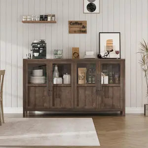 Sideboard Buffet Cabinet with 4 Glass Doors, 55 in Buffet Table Coffee Bar Wine Bar Display Cabinet for Kitchen Dining Room, Living Room (Glass with 4 Doors, Brown)