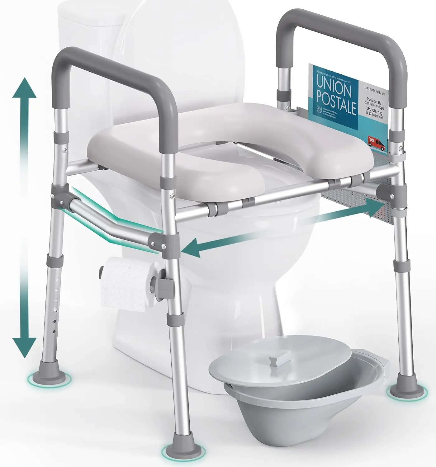 Toilet Seat Riser with Handles for Seniors, Removable Bedpan, 500lb