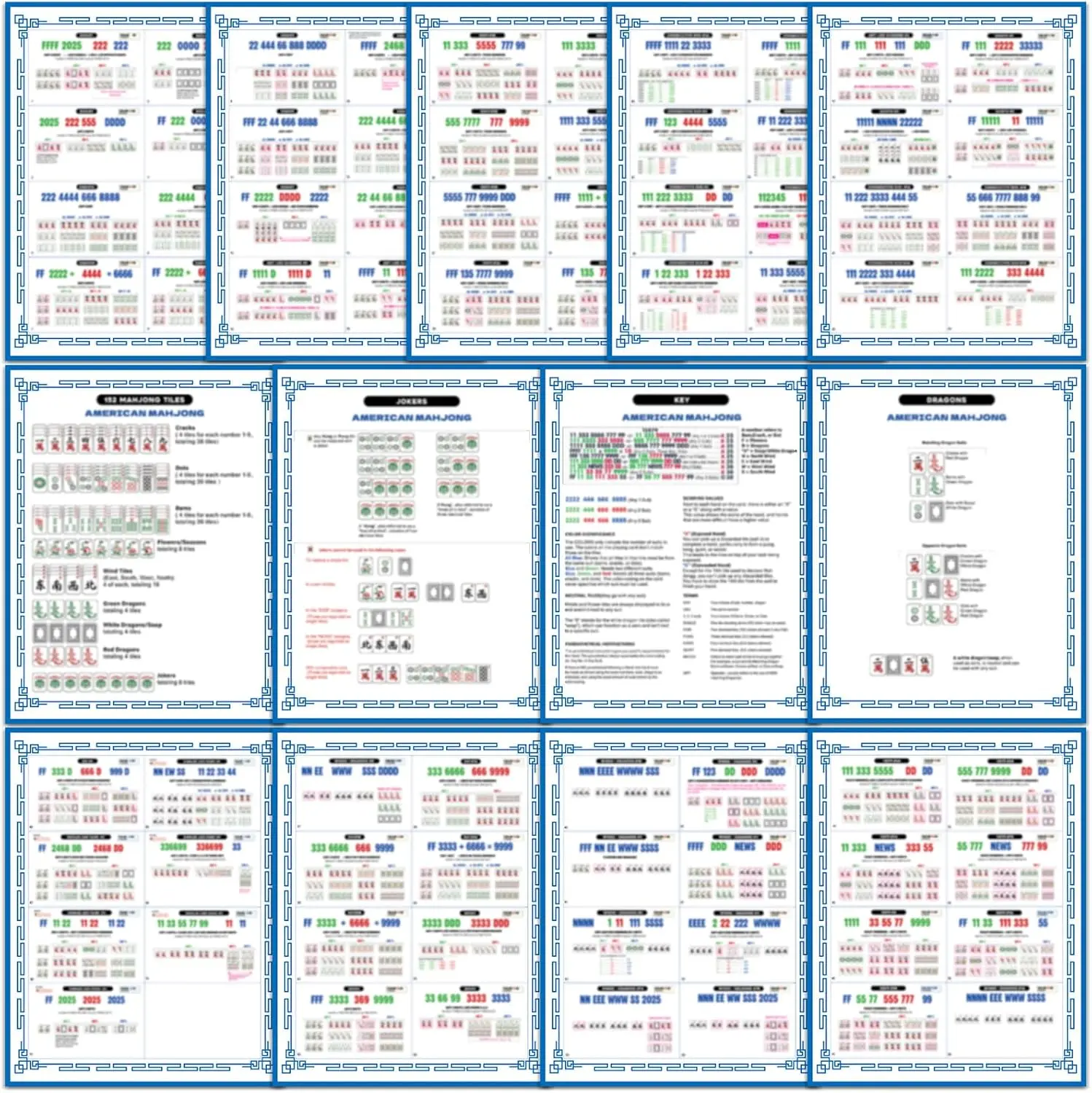 GISGFIM 71 Pcs American Mahjong Cheat Sheets - 13 Double-Sided Printed Cards, 8.5x11in (21.6cm x 27.9cm) Vibrant Learning Aid Flash Cards for Beginners, Birthday Gifts & Office/Educational Supplies