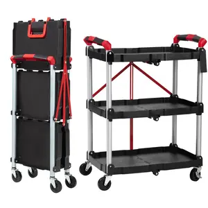 Collapsible 3-Tier Heavy-Duty Metal Service Trolley – Tool Grooves & Handles – Locking Wheels – Multi-Purpose Utility Cart for Office, Kitchen, Catering, Storage, Cleaning – 75kg Load