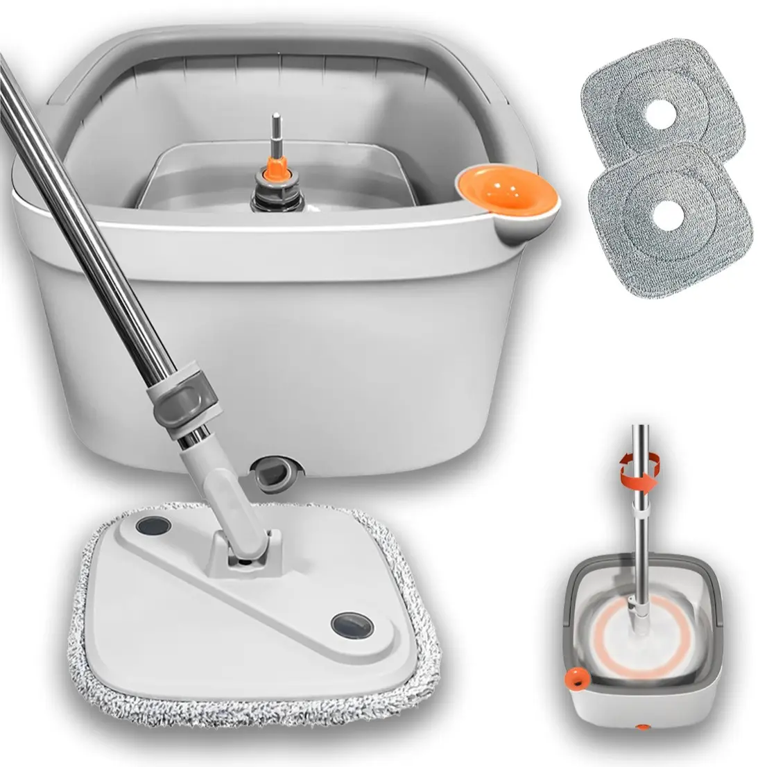 Light Gray Spin Mop Bucket with 2 Pads