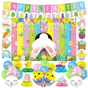 Easter Decorations for Home – Happy Easter Banner, Bunny Backdrop, Chick & Egg Balloons, Hanging Swirls, Honeycombs, Table Centerpieces, Office & School Ornaments