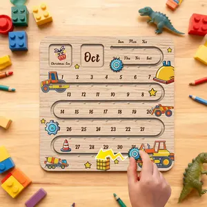 Multi layered Sliding Design Wooden Calendar, Featuring 12 Months and Important Festival Logos, transportation vehicles Calendar Board, Interactive Daily Calendar Board for Home & Office Decor