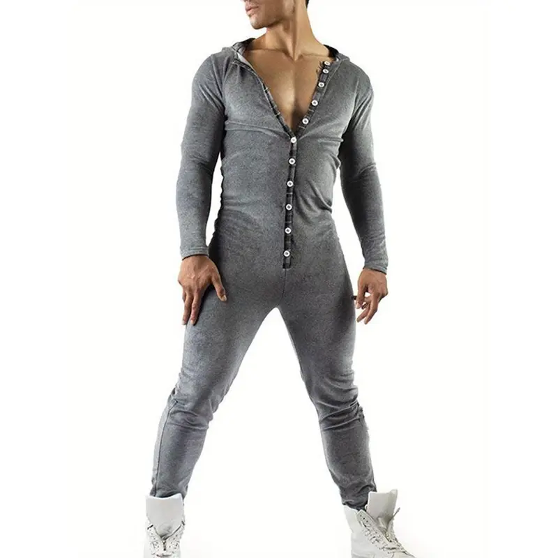 Men's 100% Polyester Solid Knit Hooded Pullover Casual Tops - Menswear Overalls, Long Sleeve, V-Neck, Button Detail, Regular Fit, Warm Fabric, All Seasons, Lightweight Loungewear, Machine Washable, Dry Clean Only
