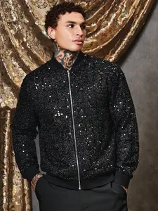Men Zip Up Sequin Bomber Jacket