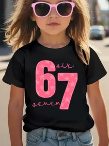 Pink Six Seven Cartoon Print Girls Casual Sports Short Sleeve, Comfortable Soft Fabric, Youth Fashion Clothing, Perfect Gift for Kids, Crew Neck Graphic Printed Tee