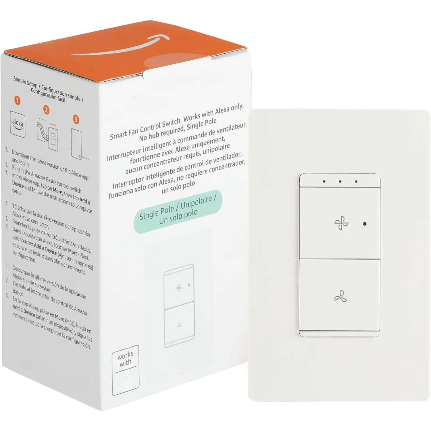 Smart Ceiling Fan Control Switch, 4-Speed, Single Pole, Voice Control, Works with Alexa Only, Control from Anywhere, 2.4 GHz Wi-Fi, No Hub Required, White