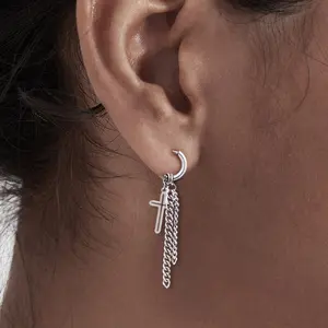 GTHIC Simple Cross Chain Tassel Stainless Steel Hoop Earring for Men Women Fashion Accessory Daily Wear