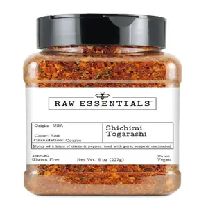 Raw Essentials Shichimi Togarashi Japanese Spice Blend with Spicy, Citrusy, and Peppery Notes - for Ramen, Sushi, Pork Dishes, Soups and Marinades - Non-GMO, Gluten Free, Paleo and Vegan - 8 oz Bottle