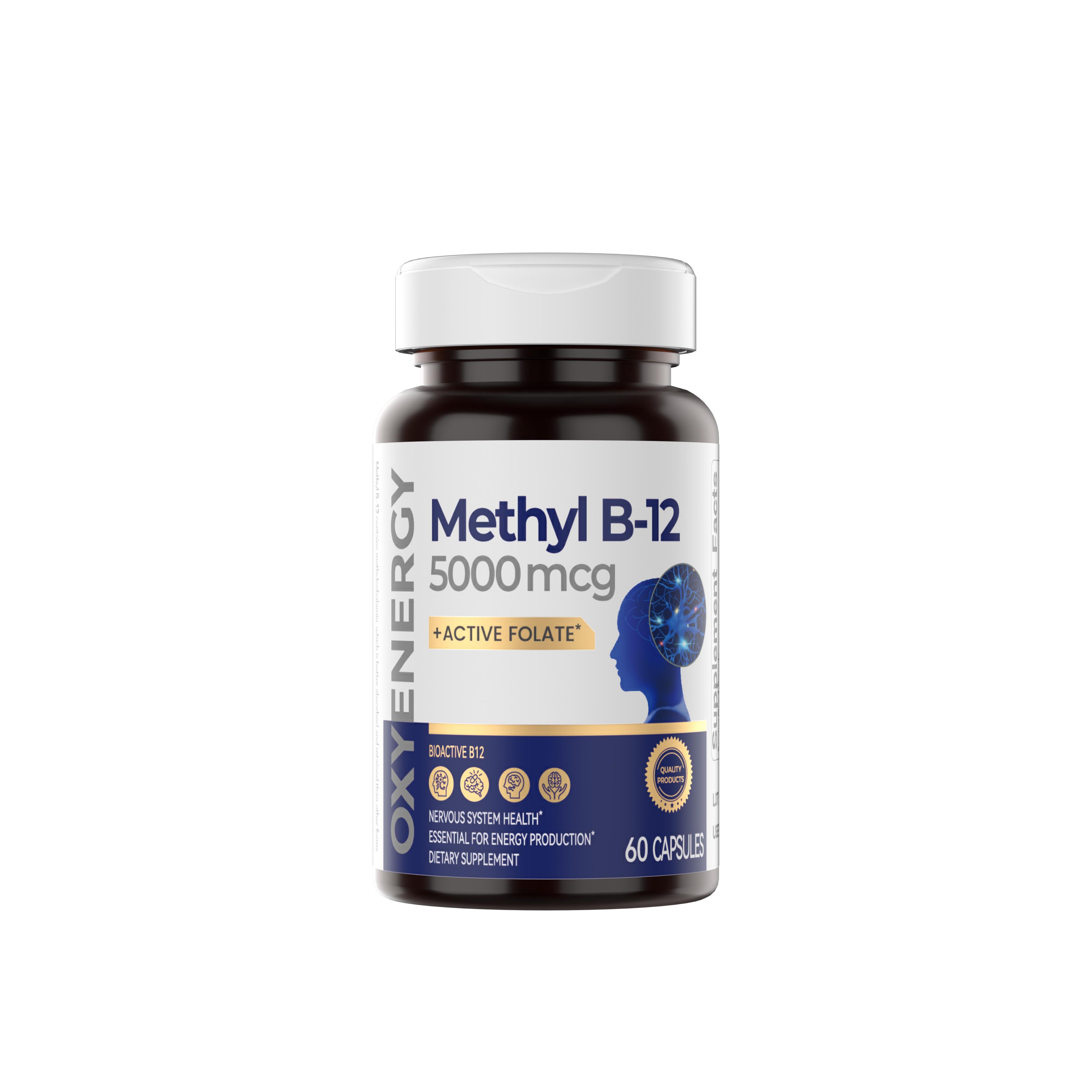 Oxyenergy Methyl B-12 Capsules Vitamins Supplements, 5000mcg Active Form with Active Folate, Multi-Ingredient Immune & Brain Booster for Nerve Support & Energy Boost, 60-Count Bottle