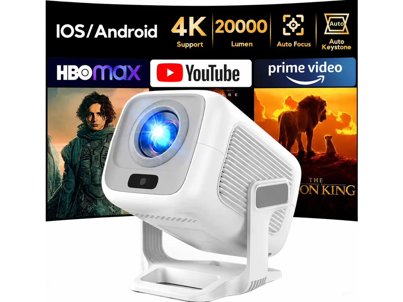 AKIYO O4 Mini Projector, Built-in Apps/Official Netflix, 600 ANSI, 4K Support, Auto Focus & Keystone, 120 Degree Rotation, WiFi 6, Bluetooth 5.4, Compatible with IOS/Android/HDMI/USB