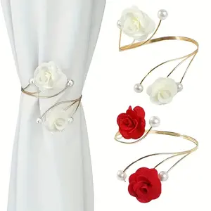2pcs Rose Pattern Curtain Tiebacks, Metal & Polyester Floral Curtain Clips, Adjustable Size, Ideal for Various Curtains Decoration, Window Curtain, Window Decorations Supplies