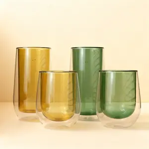 2pcs Premium Amber & Sage Green Double-Wall Glass Tumbler Set, 12oz Borosilicate Insulated Travel Cups for Hot & Cold Drinks, Coffee, Tea & Water, Stylish Aesthetic Drinkware, Gift Ready 2 Pack, Heat Retention, Food Safe for Daily Hydration