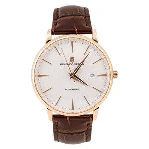 Men's Slim Rose Gold Automatic Watch, Sunburst White Dial Date Window Brown Croc Leather Strap Business Dress Mechanical Watch