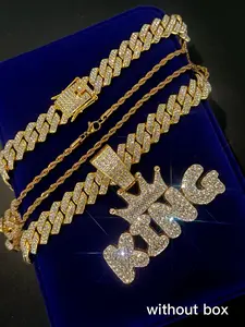 3pcs Hip Hop Punk Shine Blingling Crown with King Pendant, Cuban Link Layered Necklace, Jazz Cuban Chain, Cuban Chain Necklace for Women & Men, 'king' Letter Design