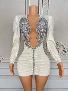 Women's Comfortable Fit Trending Long-Sleeve White Rhinestone Velvet Spandex Formal Party Dress