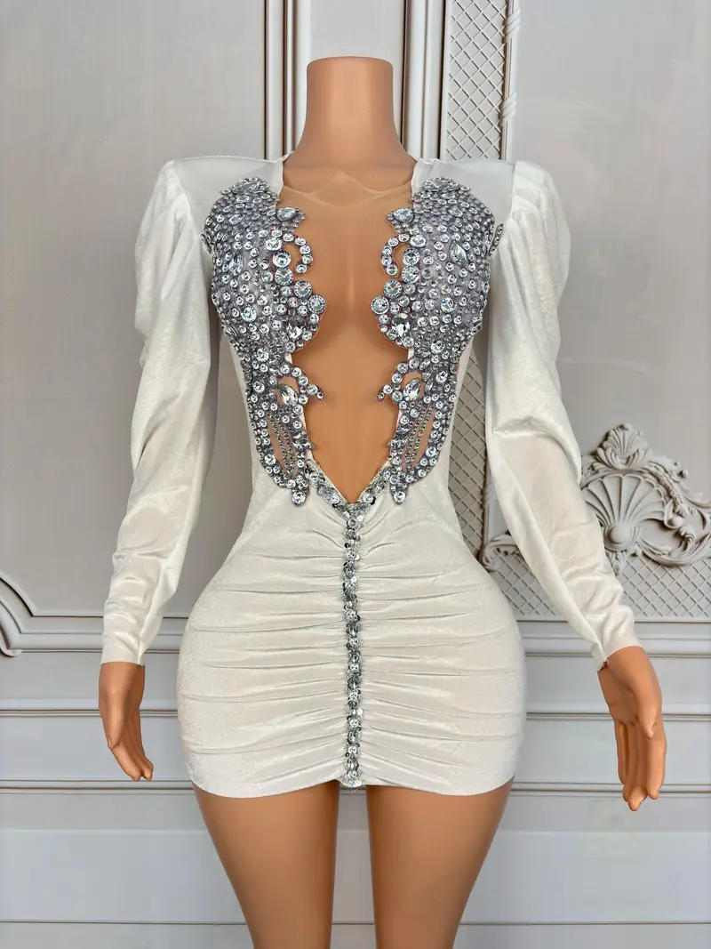 knee length dresses for ladies Modern White Illusion Sleeves Beading Jersey Prom Dress