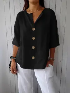 Summer New Versatile Slimming Top, Loose Casual Blouse Shirt for Women, V-Neck Comfortable Breathable Cotton Linen Button T-Shirt, Ladies' Upper Garment