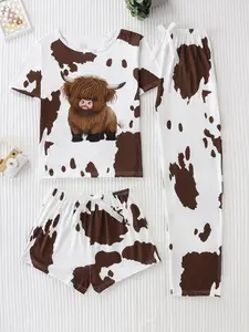 Women's Three-Piece Sleepwear Set, Pajama Set, Cartoon Highland Cow Print, Casual Fitted Nightwear, All Seasons Comfortable Loungewear