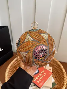 Vintage Embroidered Sequin Round Evening Embellished Clutch Bag for Women, Unique Beaded Chain Crossbody Bag, Luxury Metal Ring Dress Bag