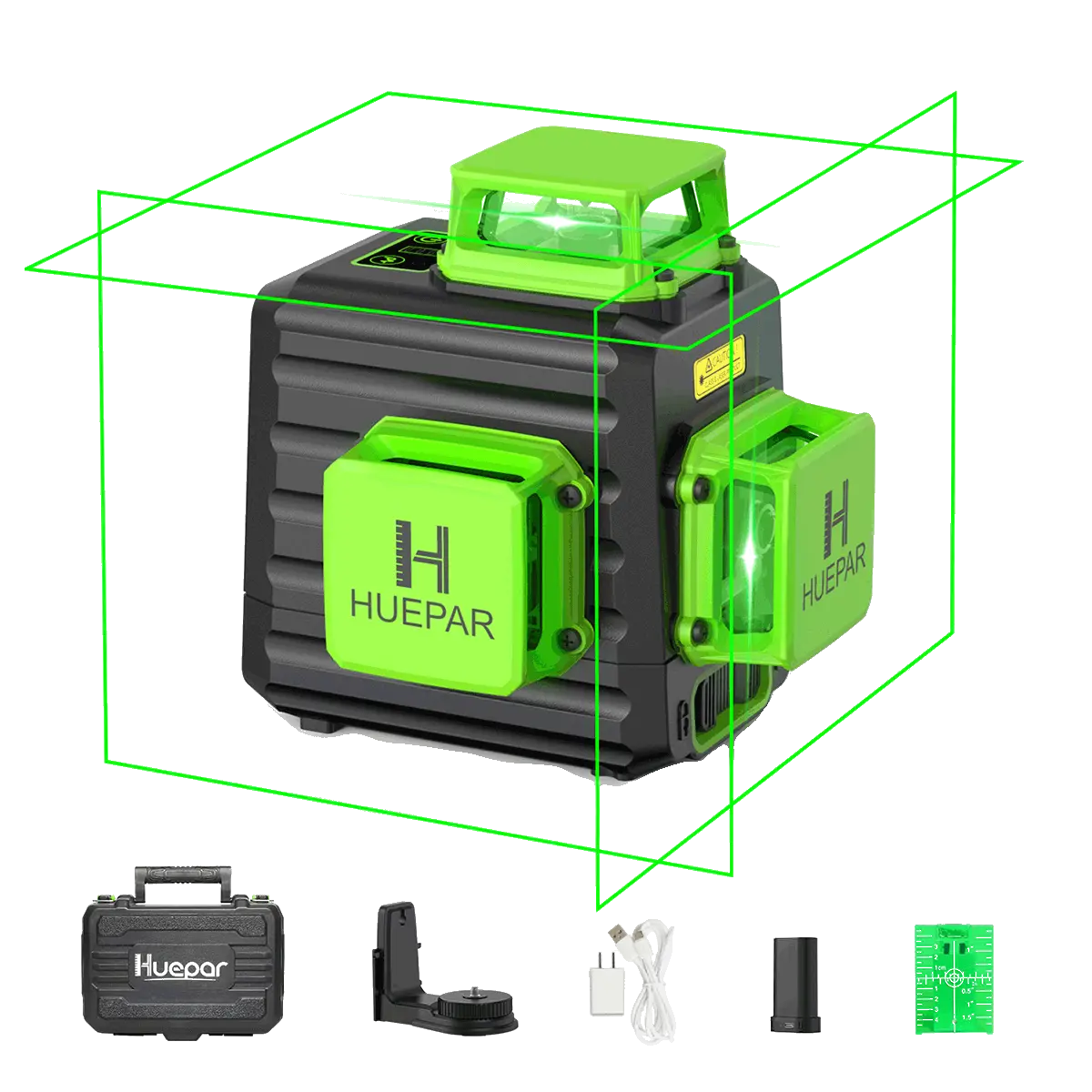 HUEPAR 3 x 360° Green Laser Level, 360 Auto-Leveling, High Brightness Crosshairs, 5200 mAh Rechargeable Battery, for Architecture and Hanging Pictures lg3dx