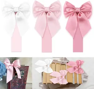 Pink Satin Bow Bookmark Anniversary Coquete Book Mark Mini White Satin Ribbon Bows Appliques Bowknot for Book Lovers Crafting Sewing