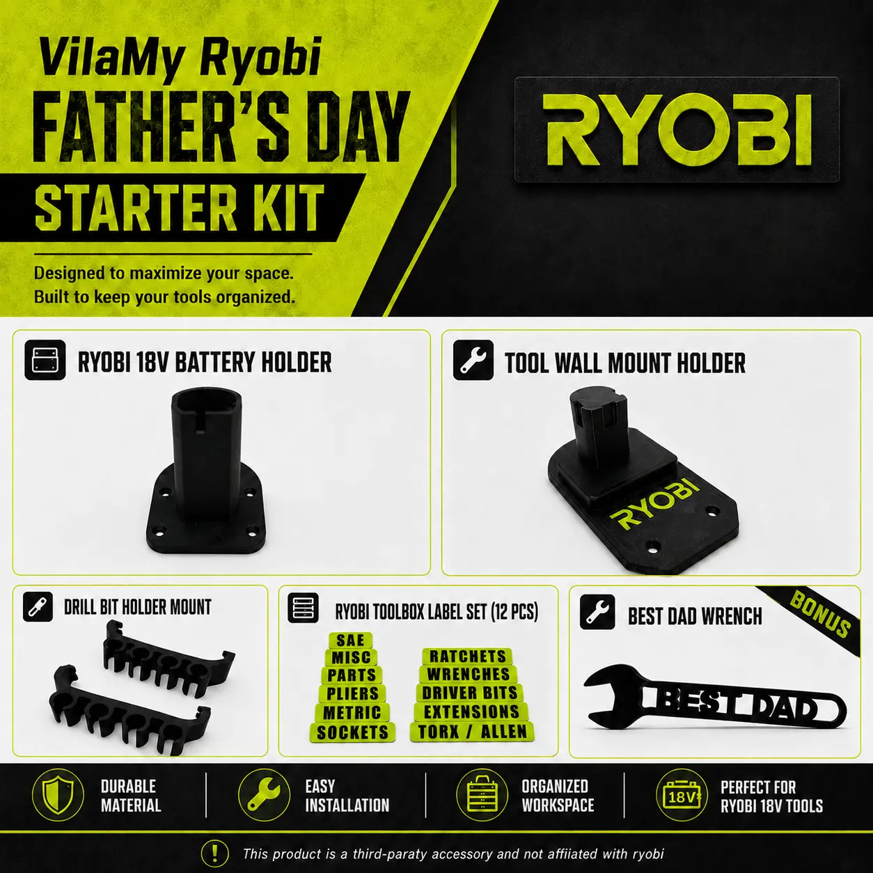 Ryobi Wall Mount Tool Holder Starter Kit - 5-Product Organizer for 3D Print DIY Users, Garage Org, Includes Screws/Anchors for Solid Walls, USA-Made