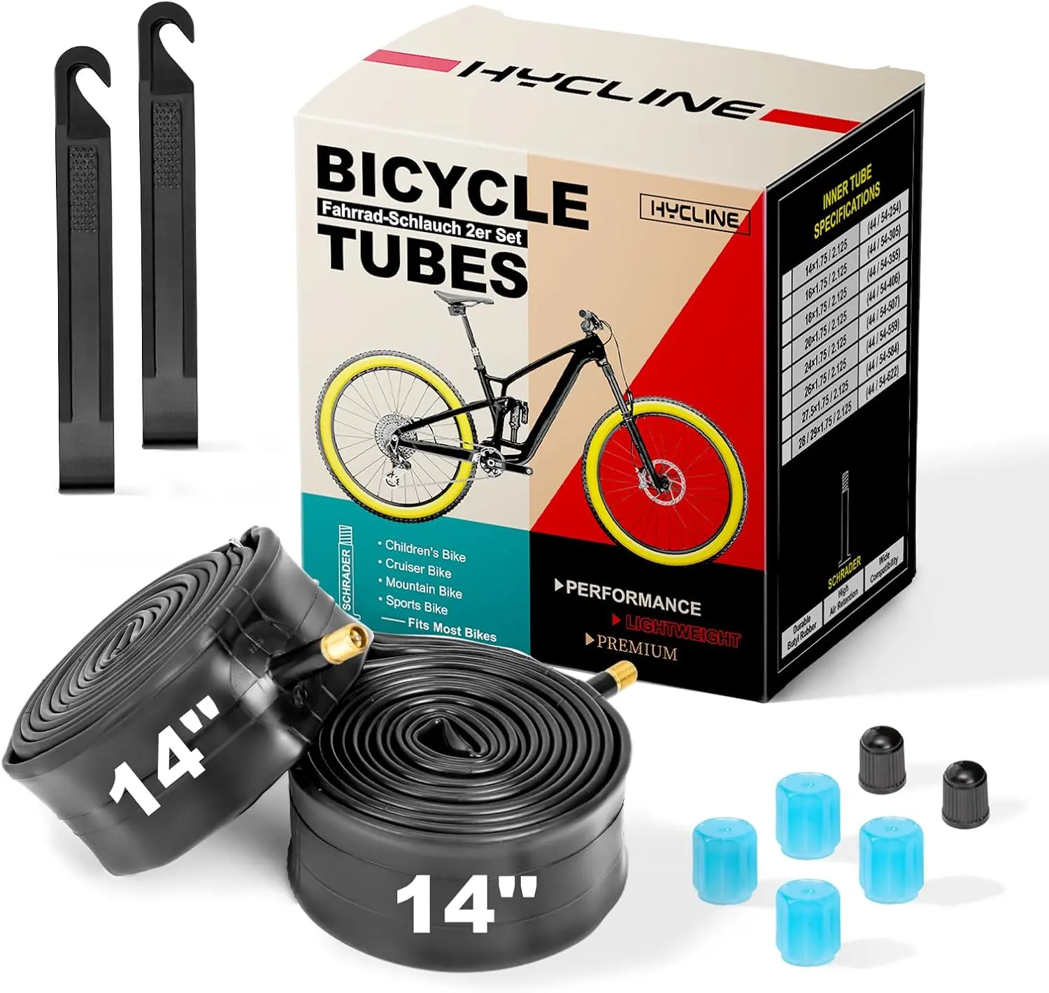 Hycline 2-Pack Bicycle Inner Tubes, Puncture Resistant Butyl Rubber with Shock Absorption, Multi-Size for Mountain, Road & BMX Bikes, 32mm Schrader Valve with Fluo Caps & Tire Levers