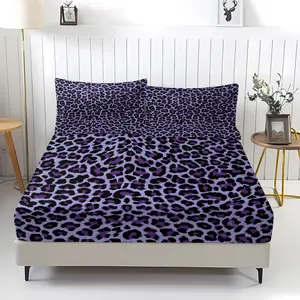 3 Pcs Light Purple-Black Misty Leopard Print Fitted Sheet Set, 1 Fitted Sheet & 2 Pillowcases (no filler), Misty Purple Leopard Pattern, Fits Bedroom/Homestay/Dorm Decor, Ideal for Soft Style Fans/Students/Families/Holiday Gifters