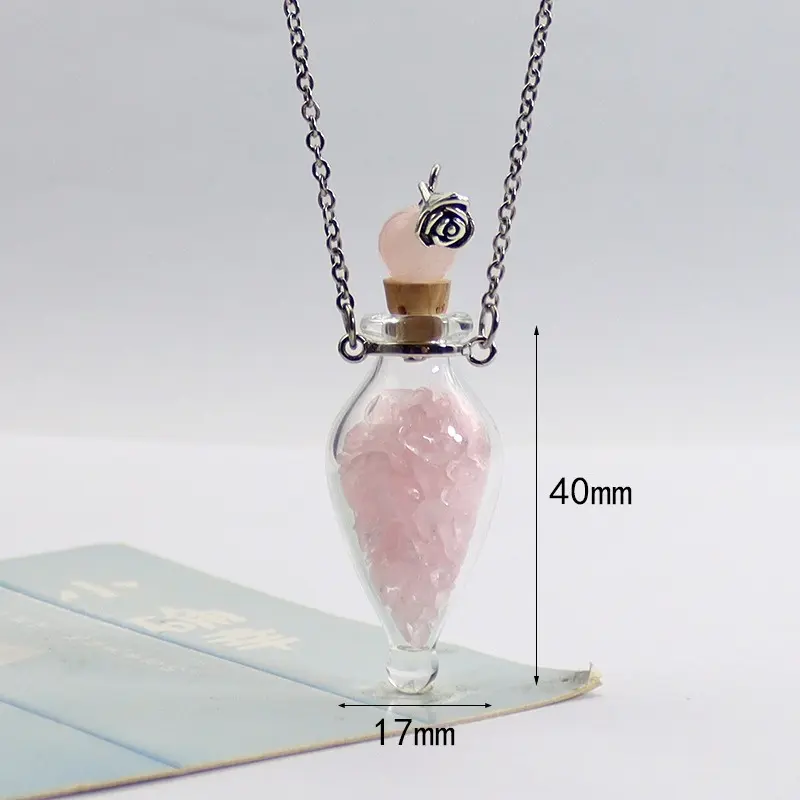 Pink crystal water droplet glass necklac