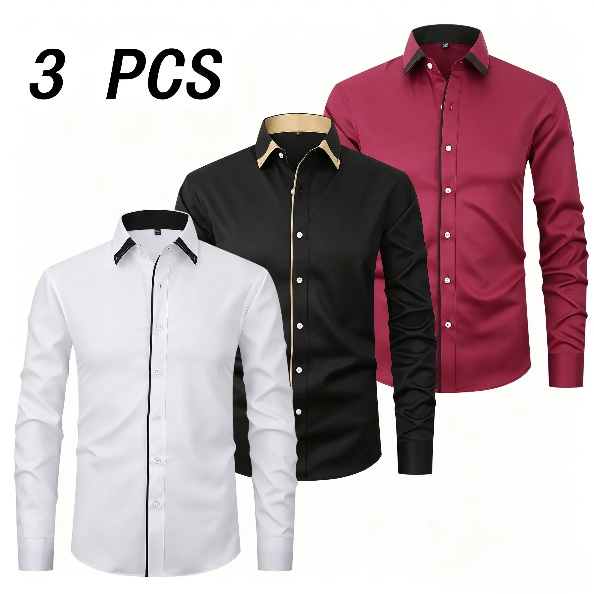 3 pack men’s classic slim fit long sleeve shirts featuring a distinctive color design at the collar; slim casual business style with slightly stretchy, comfortable fabric—ideal for business casual wear and everyday outings.