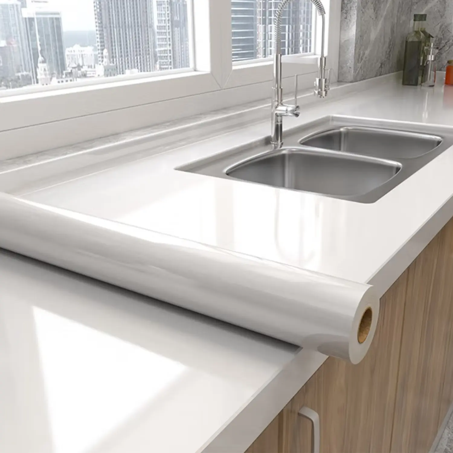 Glossy Self-Adhesive Removable Wallpaper, Vinyl Contact Paper for Countertops, Cabinets, Furniture, Easy to Apply and Remove