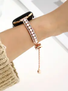 Women's Apple Watch Band, Fashion Metal Dual-Row Zirconia Pearl Bracelet Strap, Fits Apple Watch Series 38/40/41/42/44/45/46/49mm, Smart Watch Straps